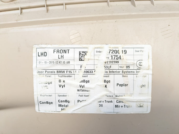 BMW F15 X5 35iX Left/Driver Side Front Canberra Beige Door Panel Card 7292115/51417369937