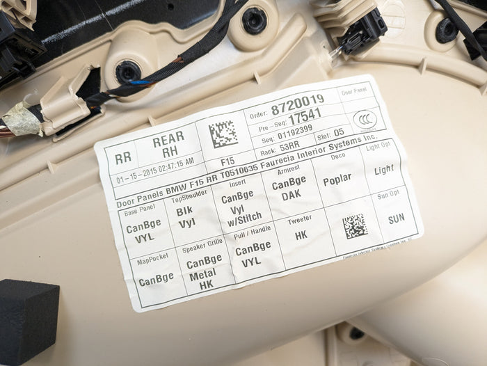 BMW F15 X5 35iX Right/Passenger Side Rear Canberra Beige Door Panel Card 51427370092