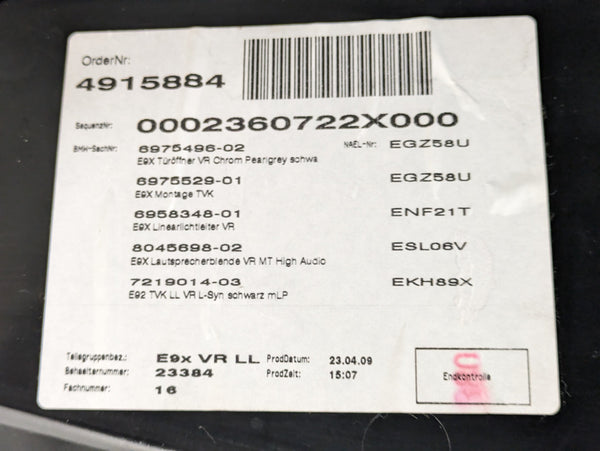 BMW E92 E93 335i 328i Right/Passenger Side Front Black Leather Door Panel Card 7154587