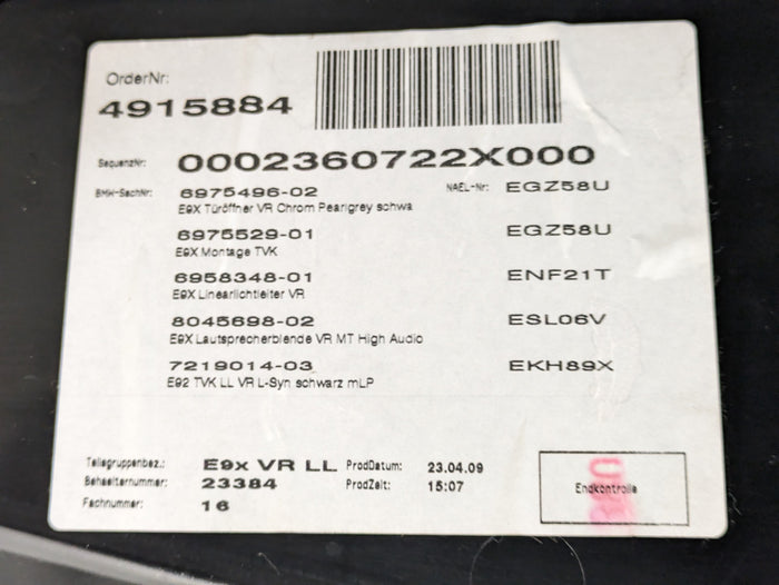 BMW E92 E93 335i 328i Right/Passenger Side Front Black Leather Door Panel Card 7154587
