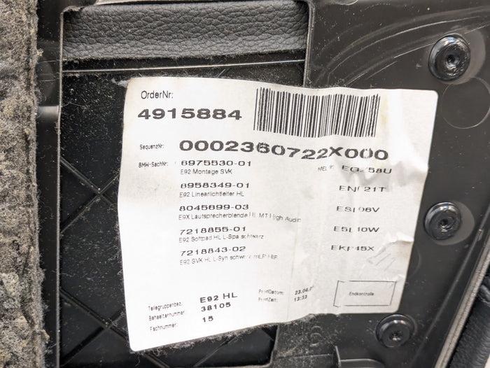 BMW E92 335i 328i Left/Driver Side Rear Black Leather Door Panel Card 6980699