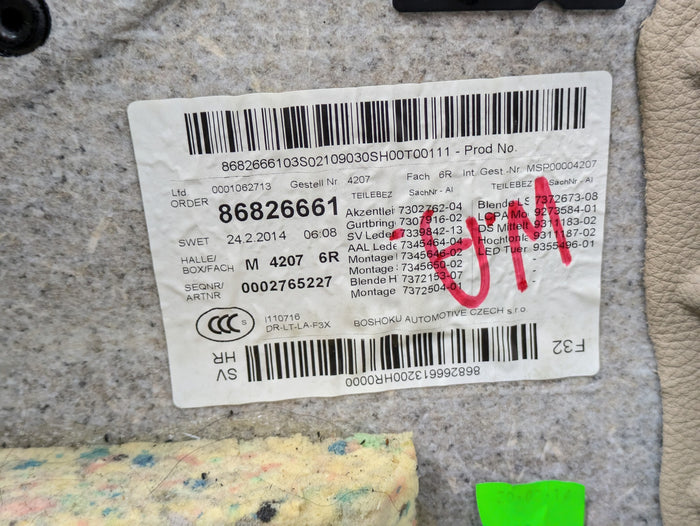 BMW F32 4 Series Right/Passenger Side Rear Black Dakota Leather Door Panel Card 51437389752