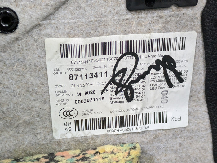 BMW F32 4 Series Right/Passenger Side Rear Oyster Dakota Leather Door Panel Card 51437389762