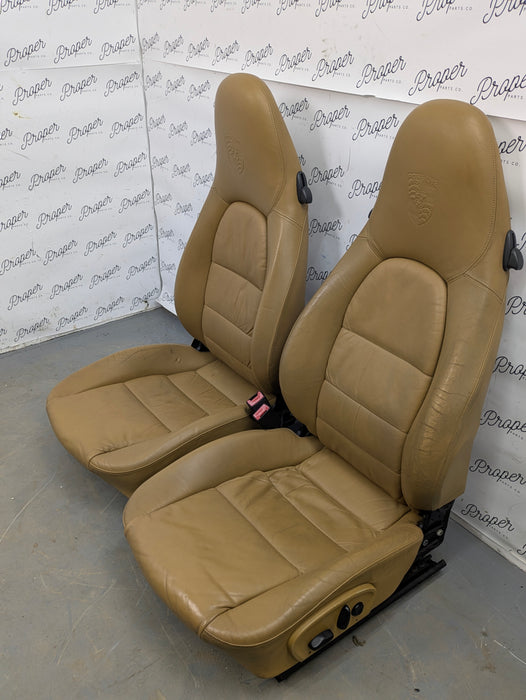 Porsche 996.2 911 Carrera 4 Front Left/Right Seats Savanna Beige Leather W/Porsche Crest