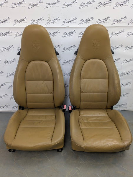 Porsche 996.2 911 Carrera 4 Front Left/Right Seats Savanna Beige Leather W/Porsche Crest