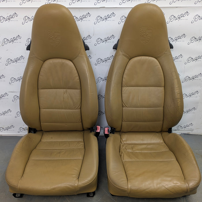 Porsche 996.2 911 Carrera 4 Front Left/Right Seats Savanna Beige Leather W/Porsche Crest