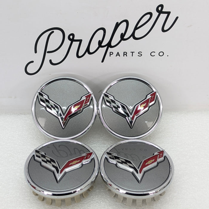 Chevrolet C7 Corvette Logo/Emblem/Badge Argent Grey Wheel Rim Center Caps Set Of 4 68mm 9595010/20995597