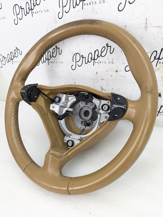 Porsche 996.2 911 Carrera 4 Automatic Tiptronic 3 Spoke Steering Wheel Savanna Beige Leather 99634780464 *DAMAGED*