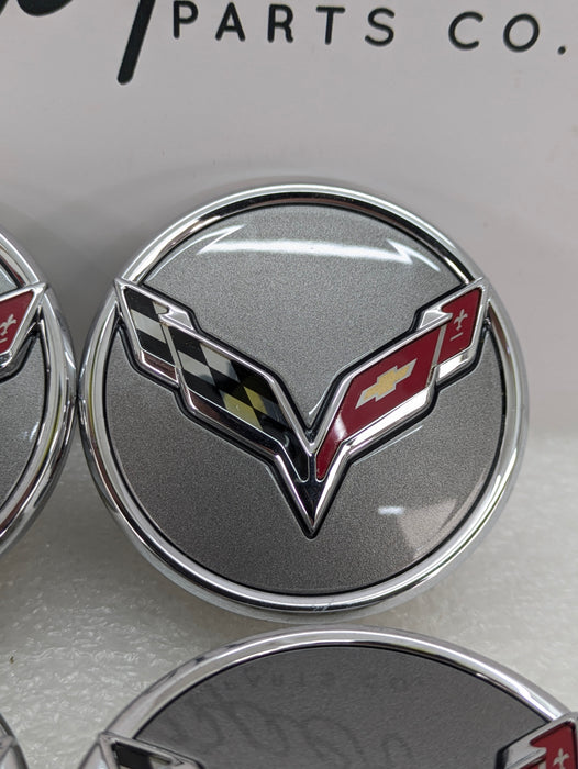 Chevrolet C7 Corvette Logo/Emblem/Badge Argent Grey Wheel Rim Center Caps Set Of 4 68mm 9595010/20995597